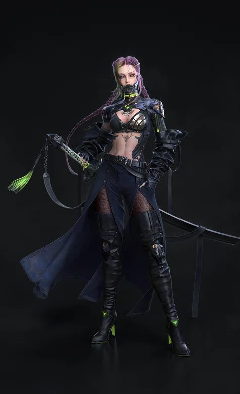 穿着皮裤戴着口罩很酷的动漫女武士帅气手机壁纸