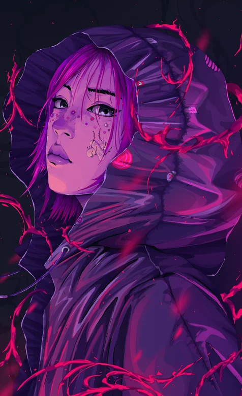 紫色画风、时尚的动漫朋克少女头像插画手机壁纸