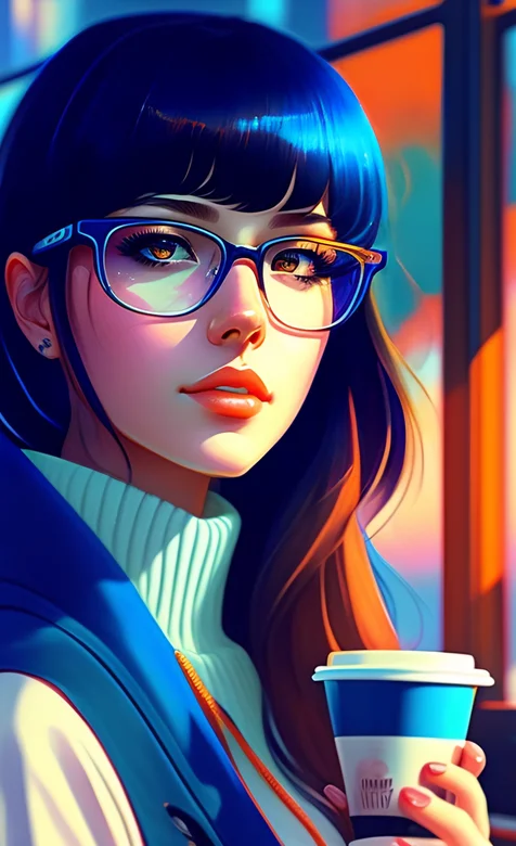 手拿咖啡、齐刘海戴眼镜的动漫气质少女手机壁纸