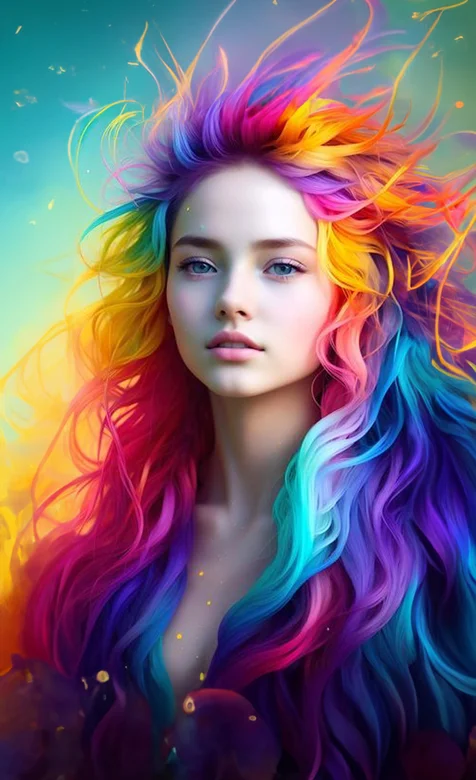 七彩彩虹色发色的动漫风美女炫彩手机壁纸