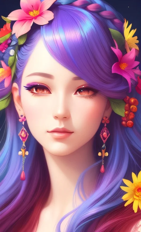 紫色头发戴满花花的动漫美女