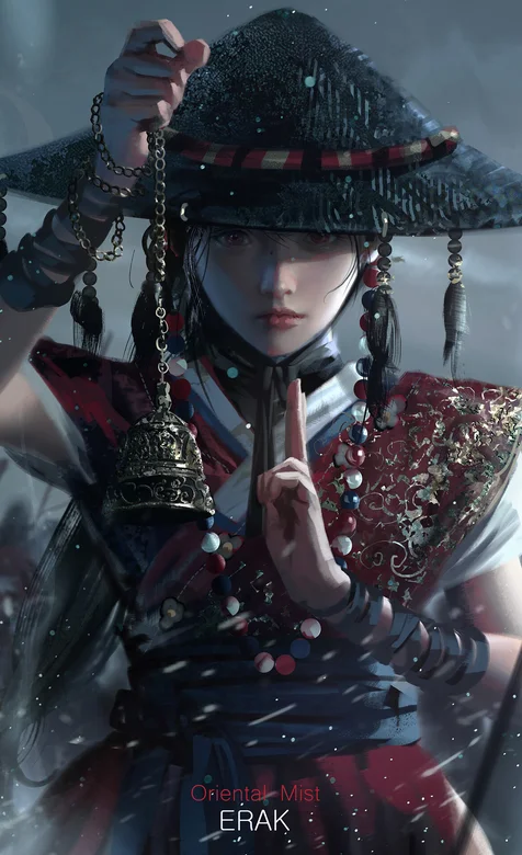 超酷！头戴斗笠手拿摇铃对战妖魔的动漫女道士高清手机壁纸