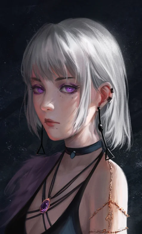 手绘白短发、紫色瞳孔的动漫女生头像壁纸
