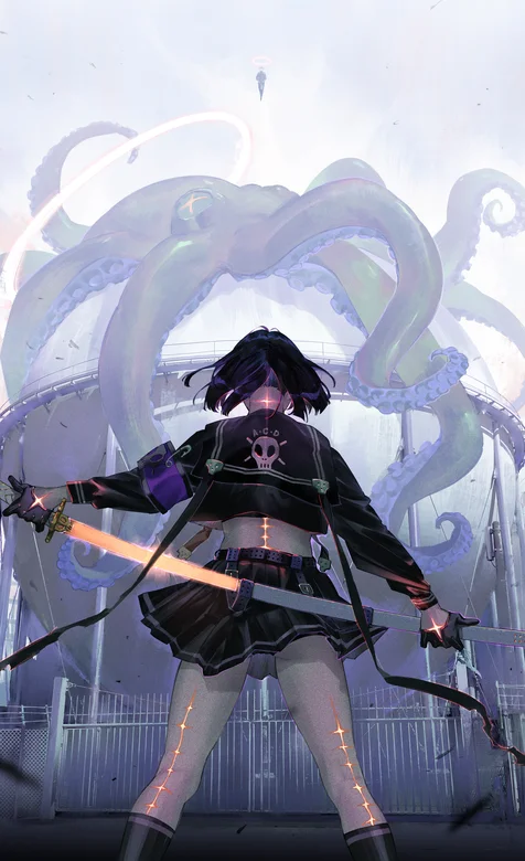 腰挎武士刀，短发骷髅头马甲女战士对战大章鱼怪的动漫插画手机壁纸