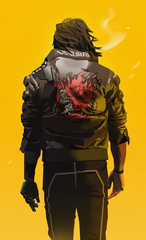 身穿日本鬼面面具夹克的朋克风动漫人物背影插画手机壁纸