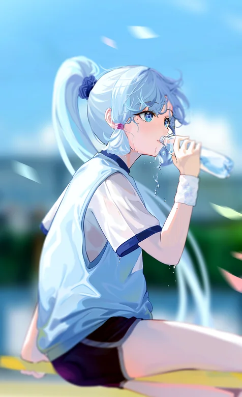 运动场上双马尾、穿着运动装喝矿泉水的动漫美女插画夏日手机壁纸