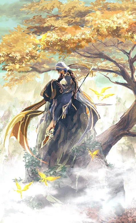 头戴披风手拿长枪坐在枫叶树下的侠客高清手绘手机壁纸