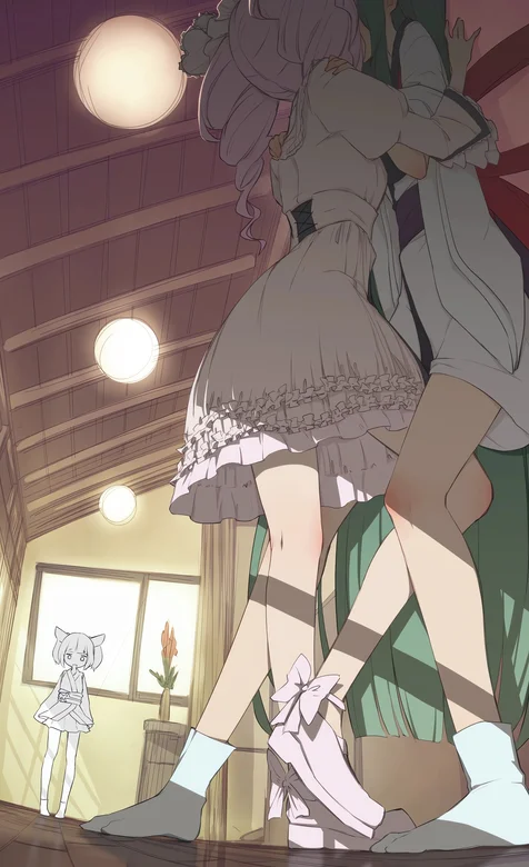 连衣裙少女，两个在走廊上亲吻的二次元动漫少女优美手机壁纸