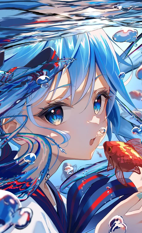 原神甘雨图片，在蓝色海水中的蓝眼睛，蓝发甘雨和一条鱼唯美手机壁纸