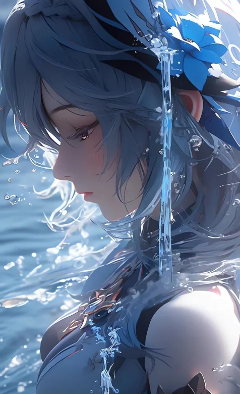 在水中的蓝发少女侧颜高清手机壁纸图片