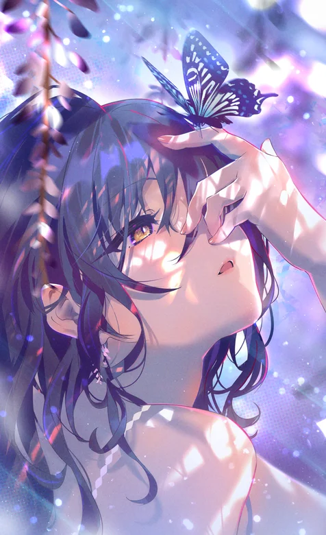 停在少女手指上的一只蝴蝶唯美动漫手机壁纸图片