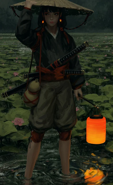 夜晚，站在荷叶田中，手持灯笼，头戴斗笠，腰挎长刀的动漫女孩手机壁纸图片