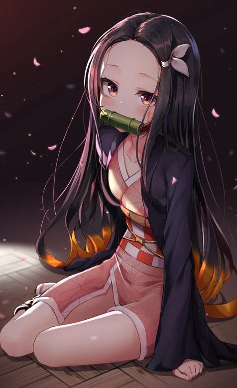 坐在木地板上咬着竹筒的灶门祢豆子可爱手机壁纸图片