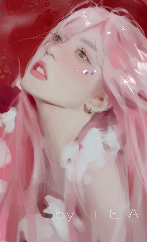 仰着头的粉色系手绘美少女超好看手机壁纸图片