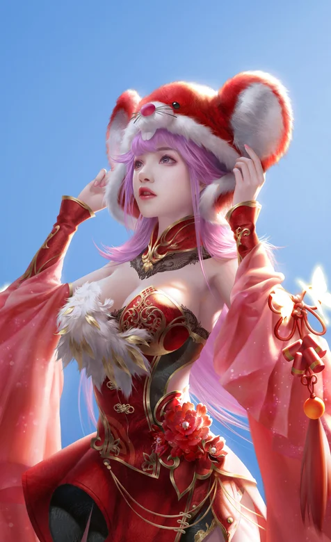 戴着红色卡通猫子的性感动漫大胸红衣少女高清手机壁纸图片