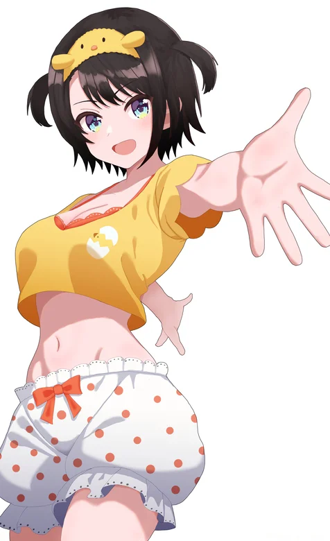 穿着露脐装短上衣搭配蓬蓬波点短裤的可爱动漫少女手机壁纸