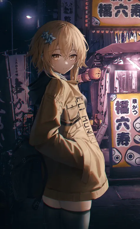 站在街道广告牌前的短发丝袜动漫美少女好看手机壁纸