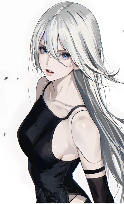 白发，蓝眼睛，黑色吊带衣动漫女高清手机壁纸图片
