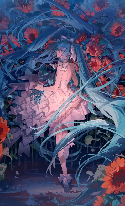 花墙前的蓝色长发粉裙动漫少女唯美手机壁纸图片