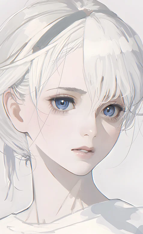 纯白色背景，五官精致的短发蓝眼睛少女好看手绘手机壁纸