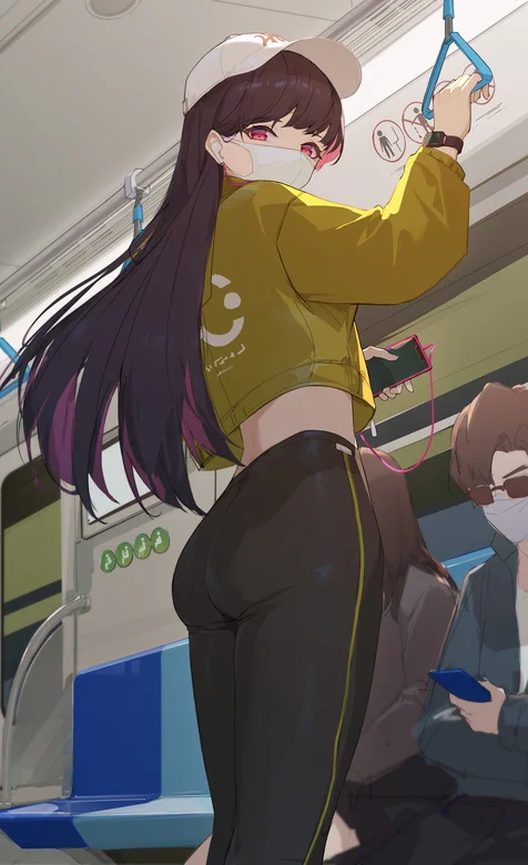 座地铁的女生，车厢里戴着口罩，手抓拉手紧身运动裤动漫女生高清手机壁纸