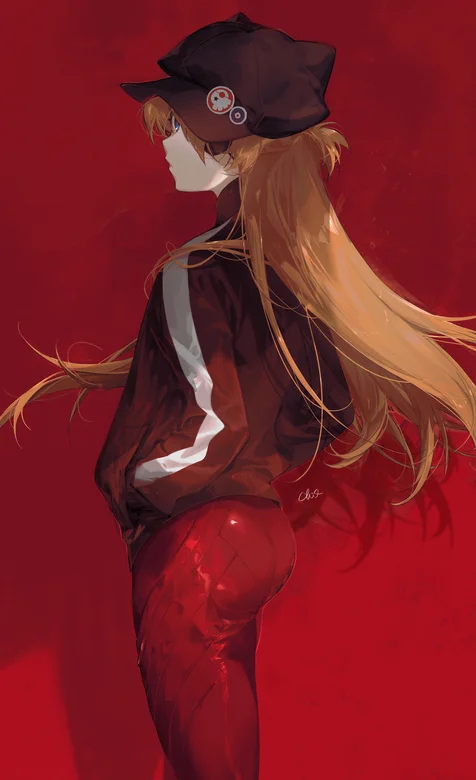 戴帽子、酷飒、紧身、红裤、休闲衣、时尚、动漫长发少女、红色背景