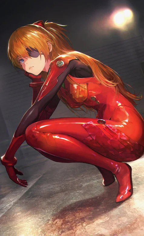 蹲在地上的紧身红色皮衣动漫美少女手机壁纸图片