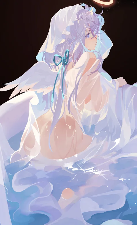 浴盆中洗澡的白纱装天使翅膀动漫美少女高清手机壁纸图片