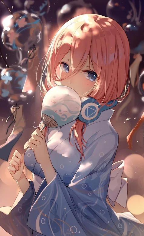 手拿着可爱小扇的红发动漫和服少女高清手机壁纸下载