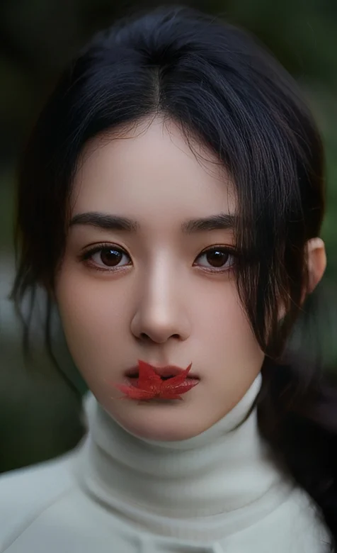 嘴巴叼着树叶的赵丽颖着白色高领衣眼神专注安静高清手机壁纸