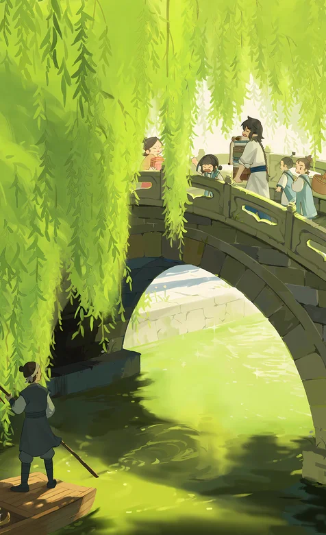 绿柳，拱桥，河流，船夫，行人，唯美卡通江南场景手机壁纸图片