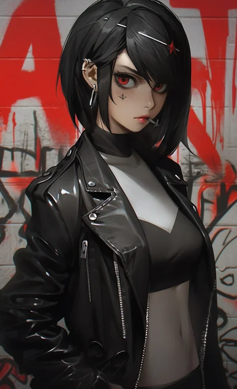 非主流街头叛逆短发皮衣露脐装动漫美少女涂鸦墙前手机壁纸图片