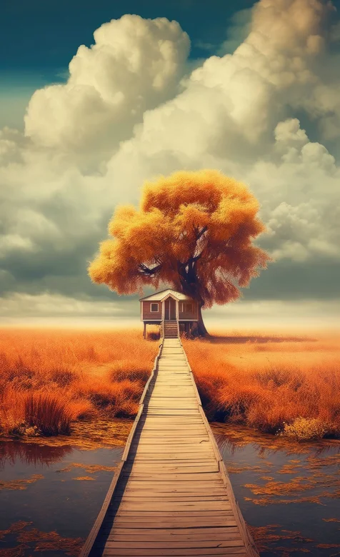 唯美梦幻的秋，木栈道，小房子，湖，草，一棵树 自然风光手机壁纸