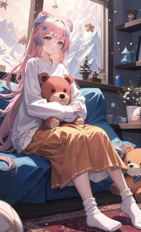  怀抱可爱小熊玩具，坐在沙发上，一头粉色长发的珊瑚宫心海手机壁纸图片