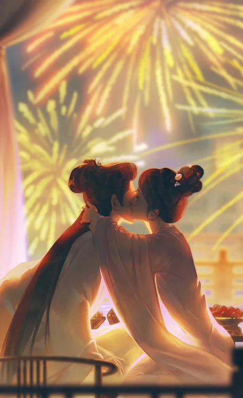 烟花下，一对坐在桌子前古代情侣亲吻插画图片手机壁纸