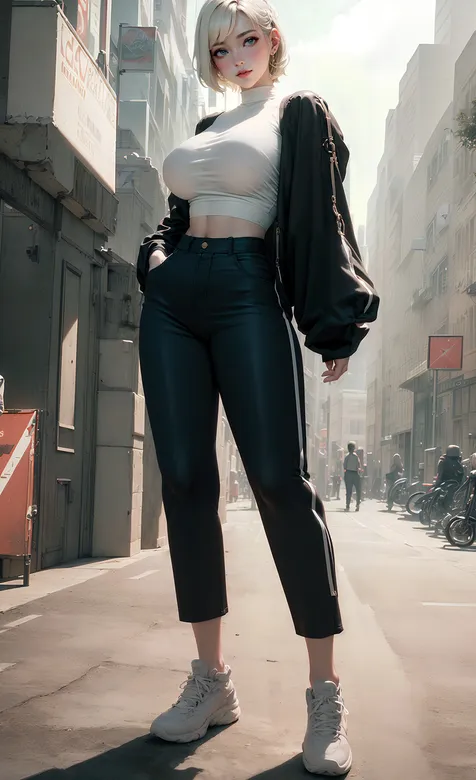 站在路中间的超级丰满短发AI动漫美女紧身衣七分裤街拍手机壁纸图片