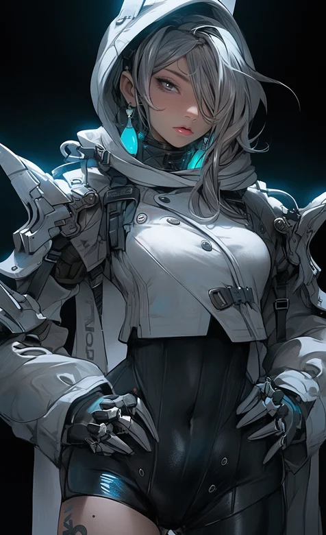 戴着连体帽，身着机甲，铠甲，紧身裤的性感AI动漫女战士酷飒手机壁纸