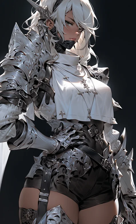 眼神犀利，单手叉腰的性感短裤美腿AI动漫铠甲女战士好看手机壁纸