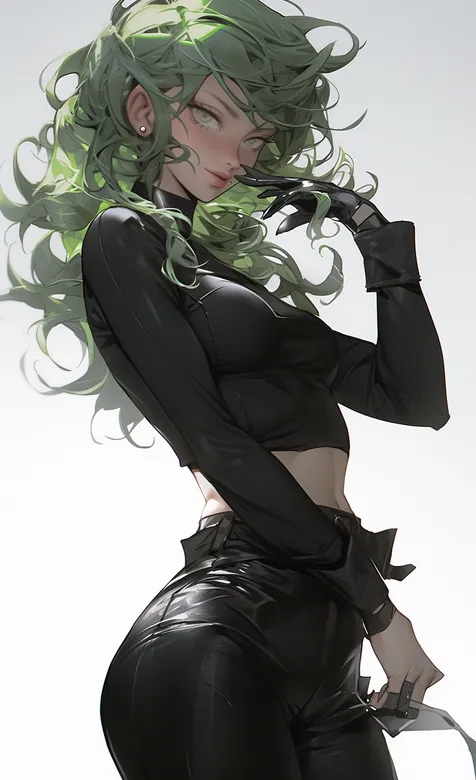 前凸后翘身材超好的动漫御姐绿色卷发搭配紧身黑色上衣皮裤酷飒手机壁纸