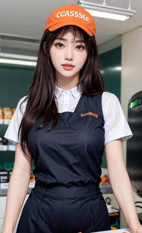 戴着橙色帽子的年轻AI女孩服务员高清好看手机壁纸图片