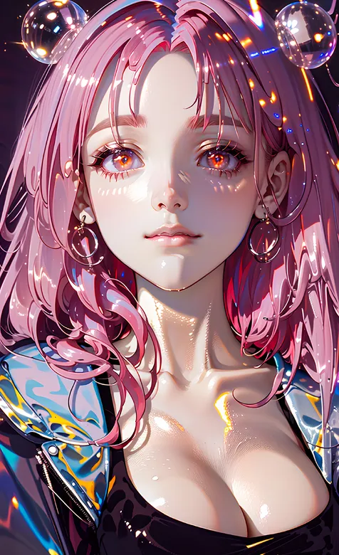 漂亮精致的性感丰满AI动漫少女粉色发型紧身背心好看手机壁纸图片