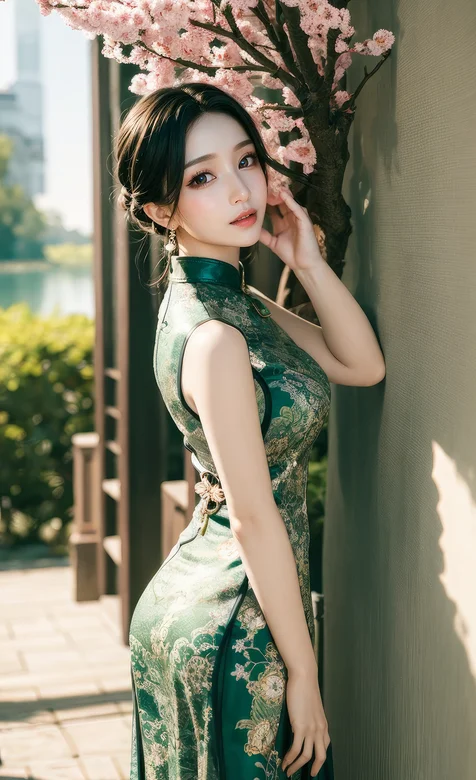 梅花树前具有东方美气质的紧身旗袍装AI美女唯美高清手机壁纸图片