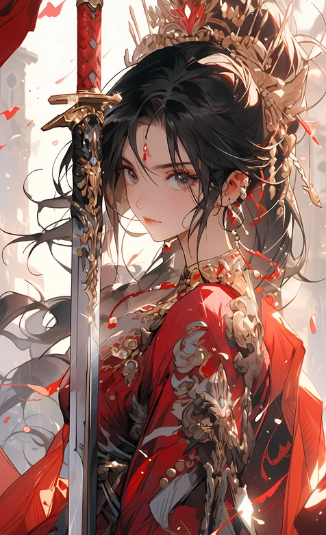 穿着红色新娘装，头戴凤钗的古装动漫女和一把宝剑手机壁纸图片