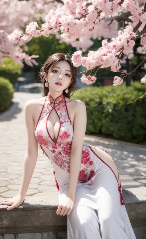 坐在梅花树下台阶上的性感粉色深v旗袍AI美女高清手机壁纸图片