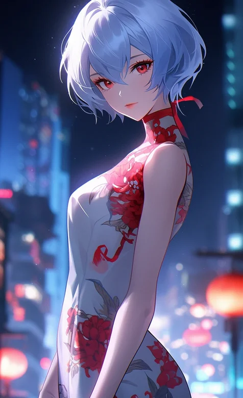 红色眼睛，旗袍装，白色短发动漫街拍美少女高清手机壁纸图片