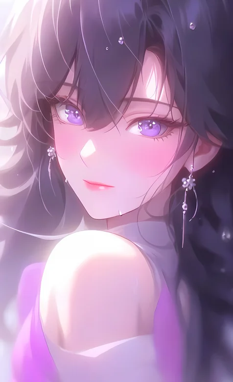 戴着耳环的性感紫色眼睛动漫美女御姐侧身魅惑手机壁纸图片