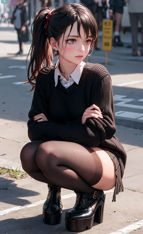 蹲在街边路上的毛衣短裤黑丝袜高跟鞋AI美少女街拍手机壁纸图片