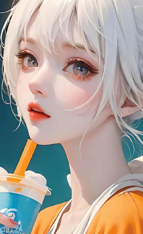 喝饮料的大眼睛aI美少女，白色发型，黄色小外套，唇红齿白超美小姐姐手机壁纸图片