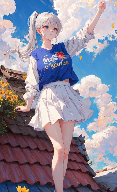 站着屋瓦房顶的白色马尾辫发型白裙青春少女和蓝色天空白云唯美手机壁纸