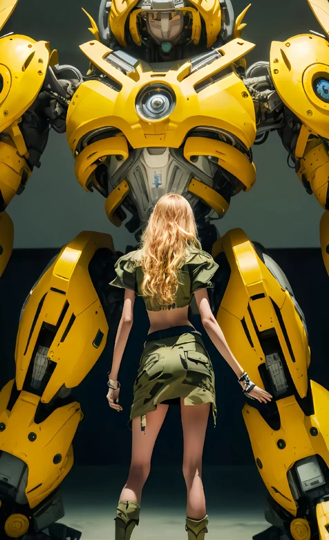 大黄蜂机器人和翘臀短裙AI美女背影高清手机壁纸图片